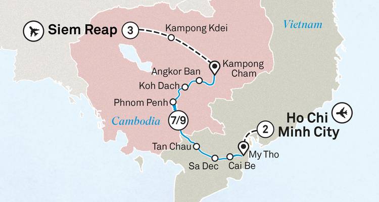 A tour route map highlighting Siem Reap, Phnom Penh and Ho Chi Minh City connections.