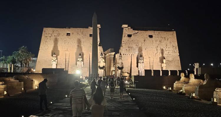 Bezoekers wandelen langs een verlichte laan met aan beide zijden kolossale standbeelden die naar de Luxor-tempel leiden, 's nachts.