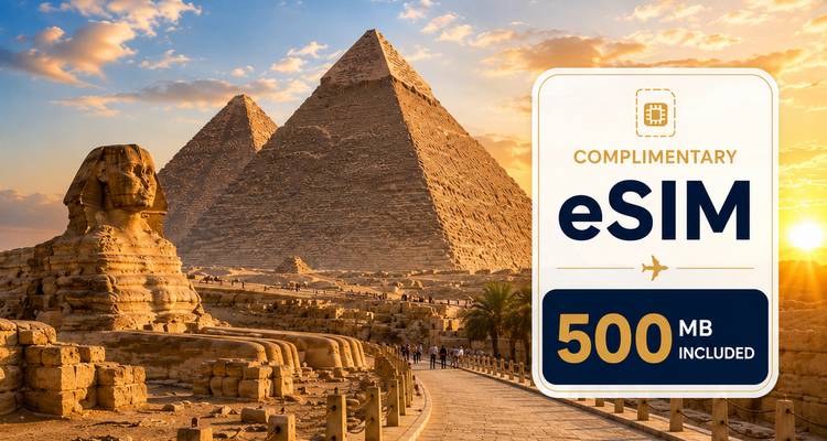 Graphique promotionnel présentant les pyramides et le Sphinx avec insigne de carte eSIM gratuite de 500 Mo.