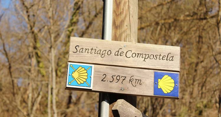 Houten wegwijzer wijst 2.597 km naar Santiago de Compostela langs de Caminoroute.