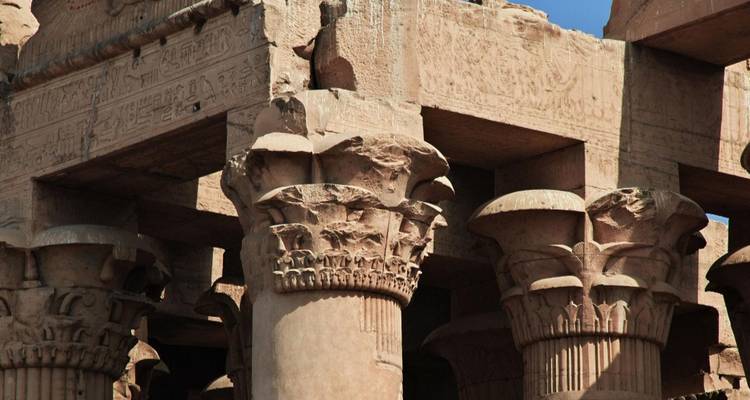 Close-up of ornate lotus-cap capitals and wall reliefs on massive sandstone columns of an Egyptian temple.