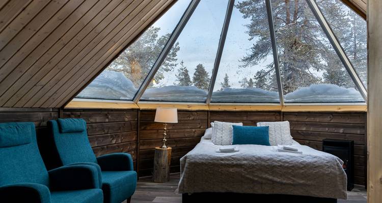 Cozy glass-roofed bedroom with panoramic forest views through triangular windows.