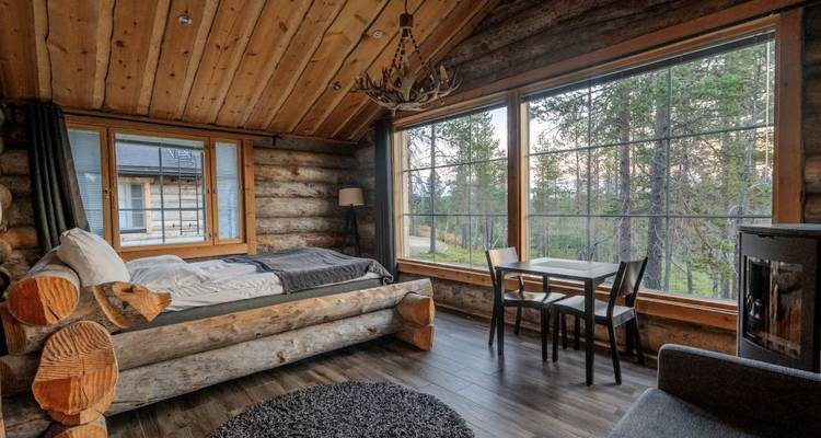 Rustic log-cabin bedroom with large picture window overlooking pine forest.