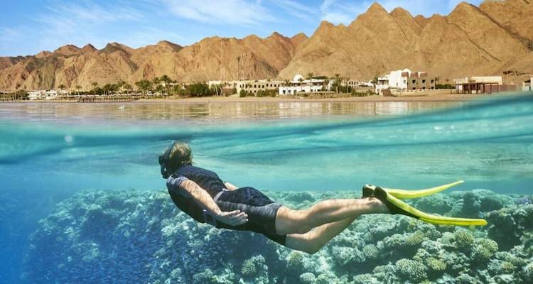 Snorkelaar die een levendige koraalrif verkent in kristalhelder water met kale bergen langs de kust van de Rode Zee.