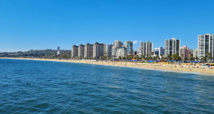 Modern beachfront skyline of Viña del Mar rises behind a wide sandy beach and blue sea.