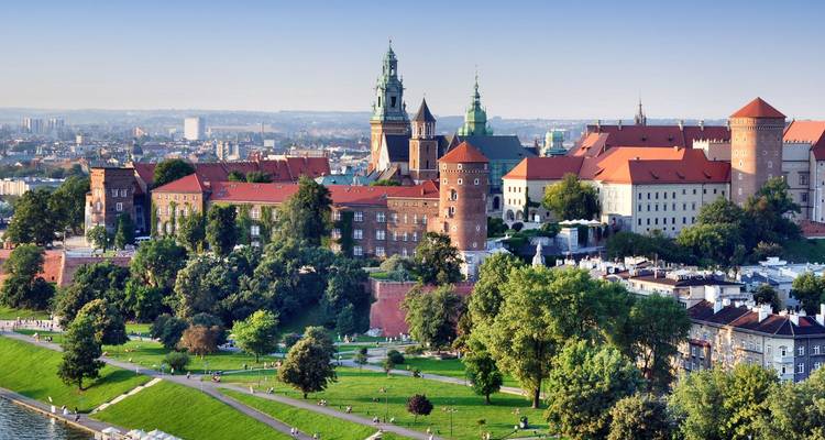 Elevated view of Krakow’s Wawel Castle complex and Vistula River on a clear day