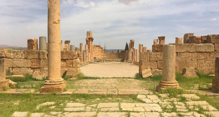 Goed geconserveerde stenen zuilen en geplaveide straten van een Romeinse archeologische vindplaats onder een bleek lucht.