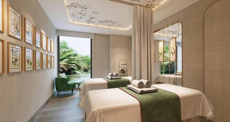 Salle de traitement spa avec deux lits de massage et vue sur le jardin, décorée dans les tons vert et crème.