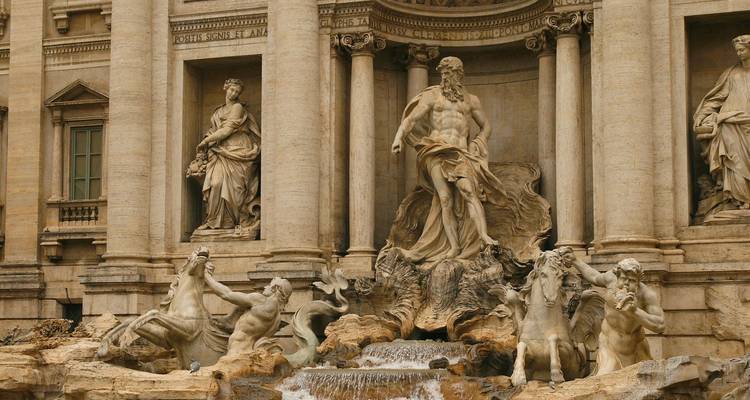 Close-up of Rome’s Trevi Fountain showcasing dramatic Baroque sculptures and cascading water.