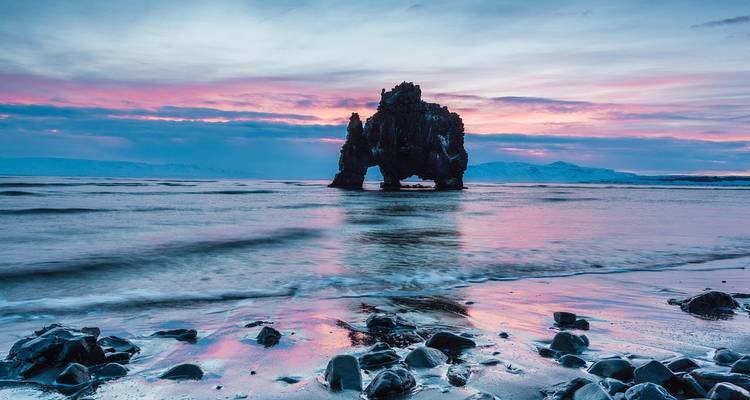 Ein schwarzer Meeresturm namens Hvítserkur, der sich bei sanften Wellen an einer rosa und blauen Sonnenaufgangsküste erhebt.