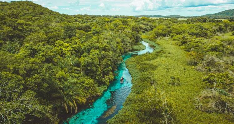Vue aérienne d'une rivière d'un bleu cristallin serpentant à travers une forêt verte dense près de Bonito, Brésil.