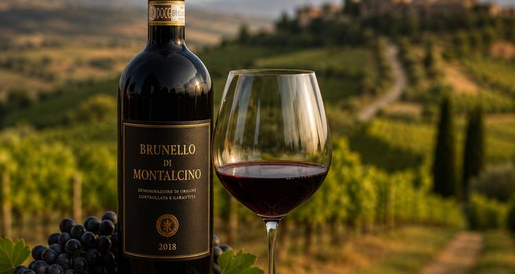 Gros plan d'une bouteille de vin Brunello di Montalcino et d'un verre rempli sur fond de collines viticoles floues