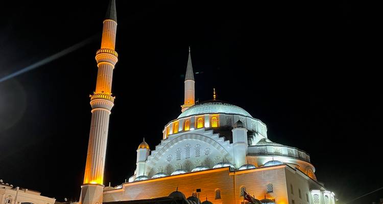 Illuminated modern mosque with twin minarets stands out against the night sky.