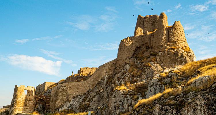 Une majestueuse forteresse de pierre domine des rochers escarpés sous un ciel bleu éclatant avec des oiseaux au-dessus.