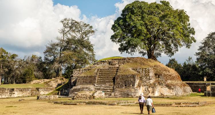 Small Maya ruin mound with broad tree on top under blue sky at Iximche archaeological site