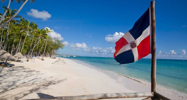 White-sand Caribbean beach lined with palms and the Dominican Republic flag fluttering in the foreground.
