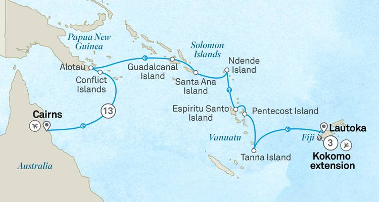 Mapa del crucero que muestra la ruta desde Cairns pasando por las Islas Salomón hasta Fiji.
