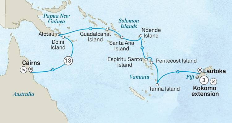 Mapa de crucero desde Cairns hasta Fiji e islas de Salomón y Vanuatu