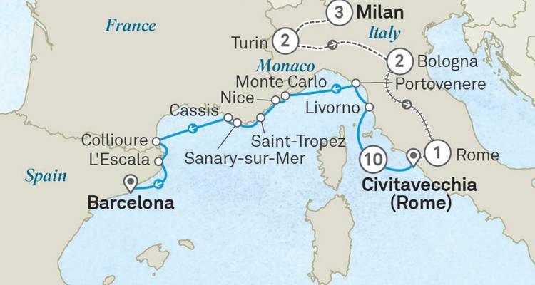 Route map showing cruise stops around the western Mediterranean and Italy