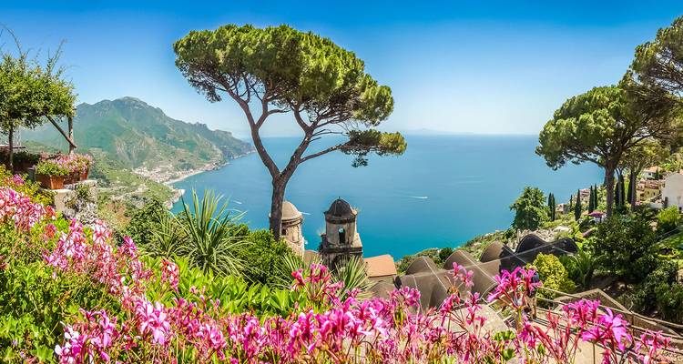 Panoramic view of Amalfi Coast with umbrella pines, pink flowers and turquoise sea far below