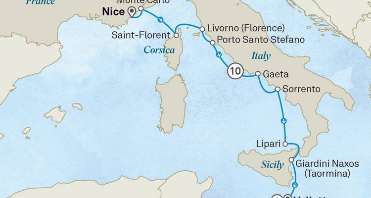 Itinerary map showing cruise route from Nice along the Mediterranean to Sicily and Malta
