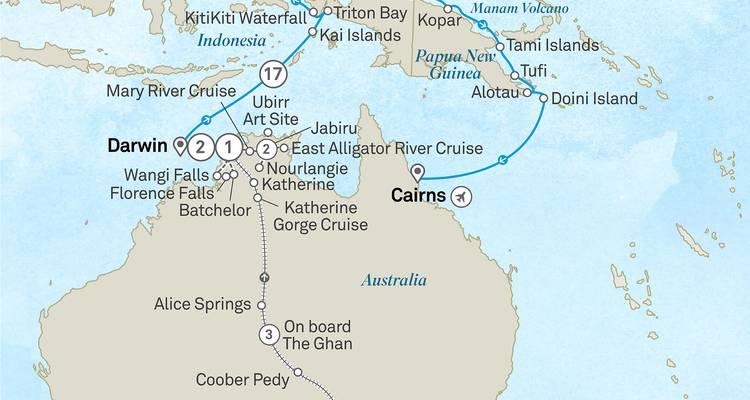 Mapa de ruta ilustrado de Australia, Papúa Nueva Guinea e Indonesia que resalta los segmentos de crucero y tren entre Darwin y Cairns.