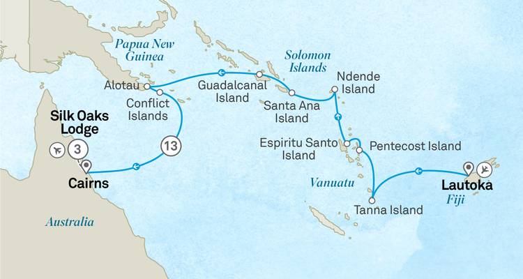 Carte de l'itinéraire de croisière à travers les îles Salomon, le Vanuatu et la côte du Queensland.