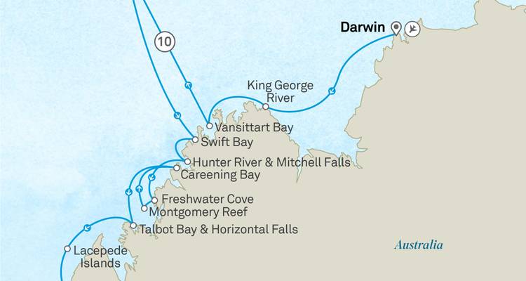 Carte détaillant l'itinéraire de l'expédition le long de la côte de Kimberley entre Broome et Darwin