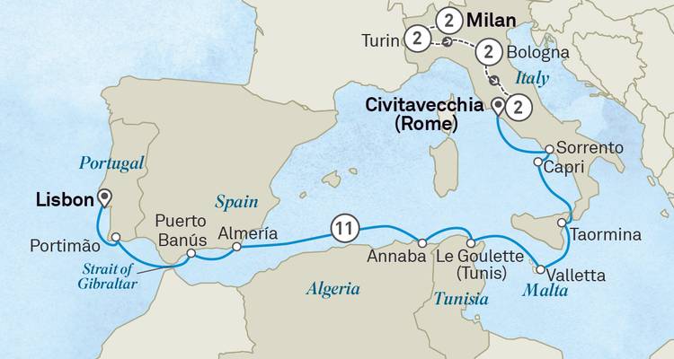Mediterranean cruise map linking Lisbon, Rome, Malta and North African ports