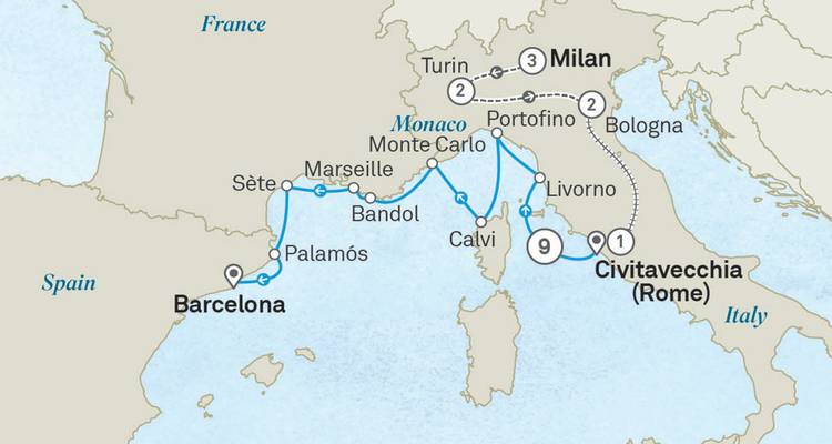 Cruise and land itinerary map covering Barcelona, Monaco and Italian Riviera