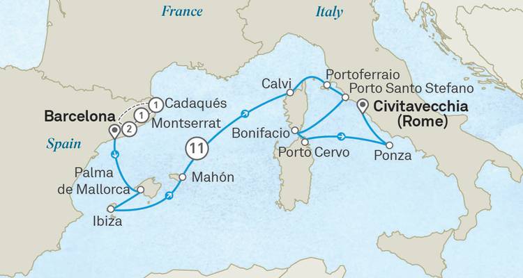 Carte de croisière en Méditerranée occidentale reliant Barcelone, la Sardaigne et les ports italiens