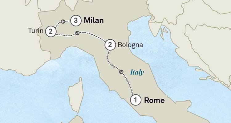 Carte d'itinéraire simplifiée du nord de l'Italie indiquant Rome, Bologne, Turin et Milan avec les segments de voyage.