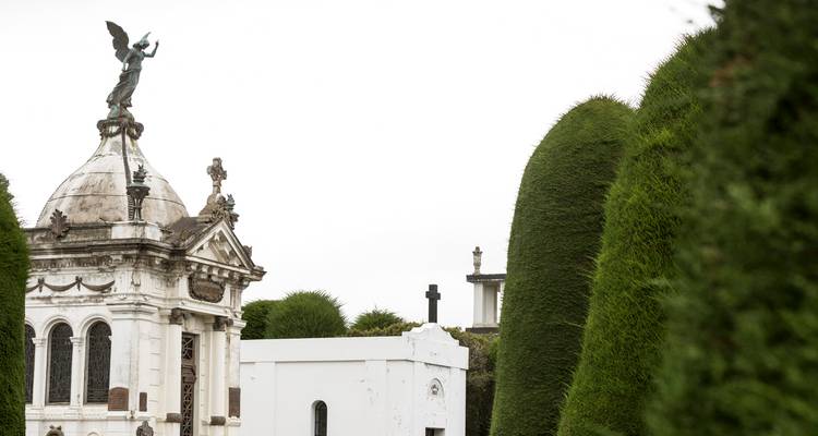 Historic marble mausoleum crowned by an angel statue beside towering manicured cypress trees on an overcast day.