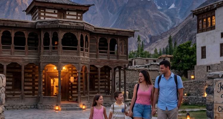 Una familia pasea por los balcones de madera iluminados calurosamente del histórico Palacio de Khaplu al anochecer.
