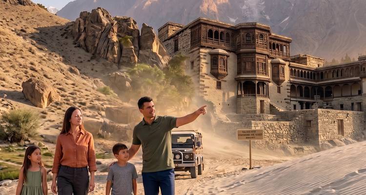 La familia camina por el terreno arenoso hacia la gran arquitectura de piedra del Fuerte Shigar junto a las rocas del desierto.