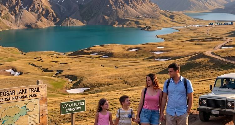 Con vistas a las aguas turquesas del Lago Sheosar, una familia explora los prados alpinos ondulantes del Parque Nacional Deosai.
