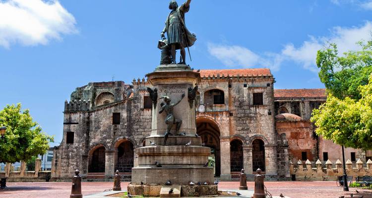 Christopher Columbus statue in front of the historic cathedral at Santo Domingo's Parque Colón.