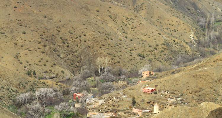 Un petit village isolé niché dans une vallée aride et brunâtre parsemée d'arbres épars