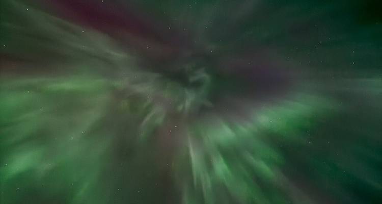 Abstract green and purple curtains of the northern lights streak across a starry Arctic sky.