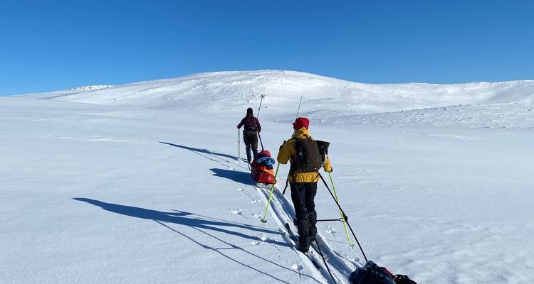 Two cross-country skiers with sleds trekking across open snowy ridge under bright blue sky.