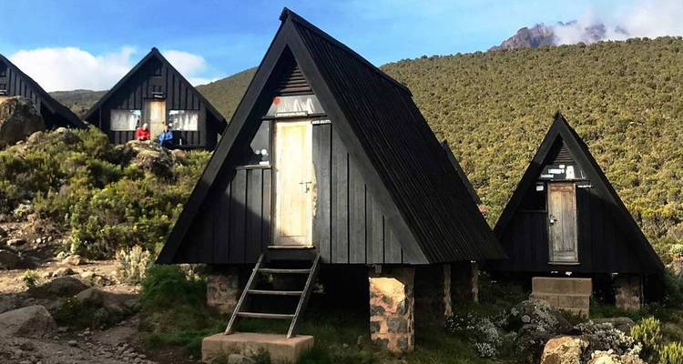 A-vormige alpiene hutjes op een grazig hellingje langs de Machame-route van de Kilimanjaro.