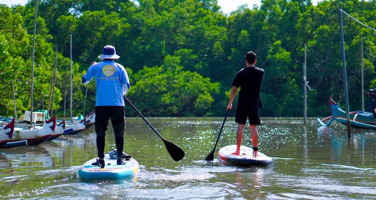 Deux personnes font du stand-up paddle sur une eau calme à côté de bateaux de pêche en bois et de palétuviers luxuriants