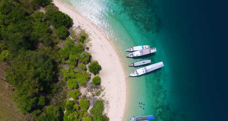 Vue aérienne d'une crique immaculée aux sables blancs avec une eau émeraude où trois bateaux sont amarrés au rivage.