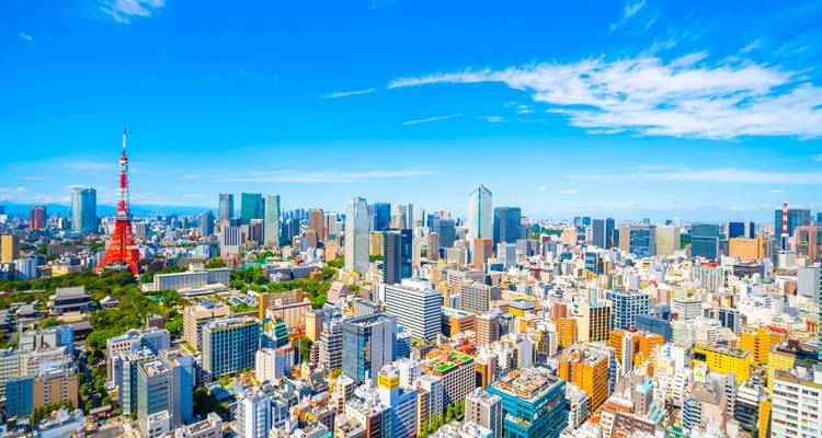 Panoramic skyline of Tokyo with Tokyo Tower under bright blue sky.