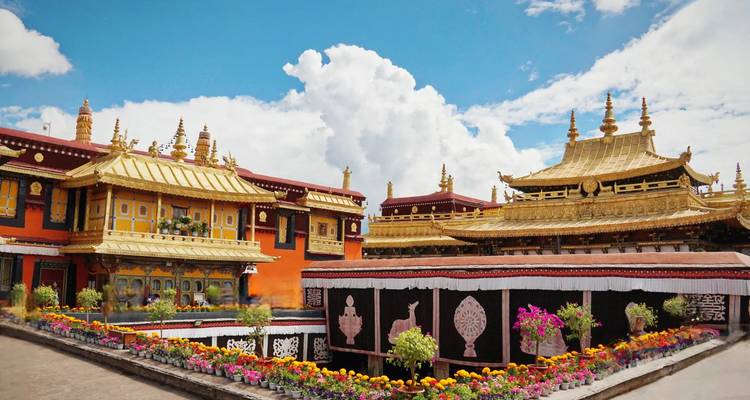 Templos con techos dorados ornamentados y macetas de flores coloridas en un complejo monástico tibetano bajo un cielo azul con nubes dramáticas.