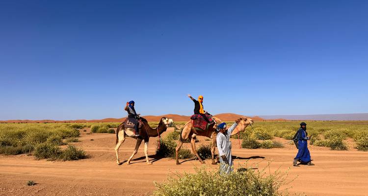 Una larga caravana de camellos liderada por guías cruza un camino polvoriento con dunas rojas y un cielo azul vivido de fondo.