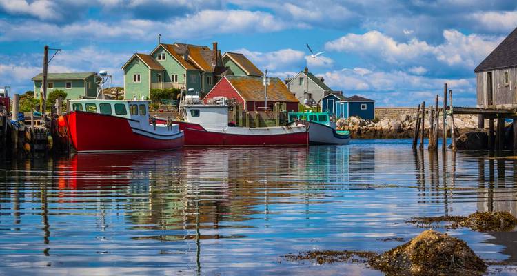Des bateaux de pêche colorés flottent dans un port paisible bordé de maisons en bois vieilli sous un ciel nuageux.