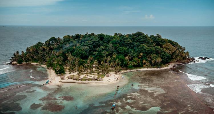 Vue aérienne d'une petite île tropicale luxuriante entourée de bas-fonds turquoise et de récifs coralliens.
