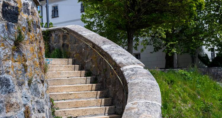 Curved stone staircase bordered by greenery and an old stone wall in a historic European town.
