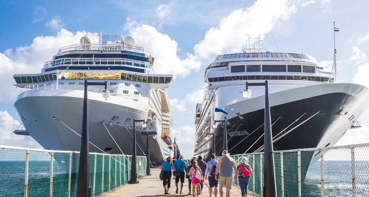 Passengers walk along a pier framed by two large ocean cruise ships under bright skies.